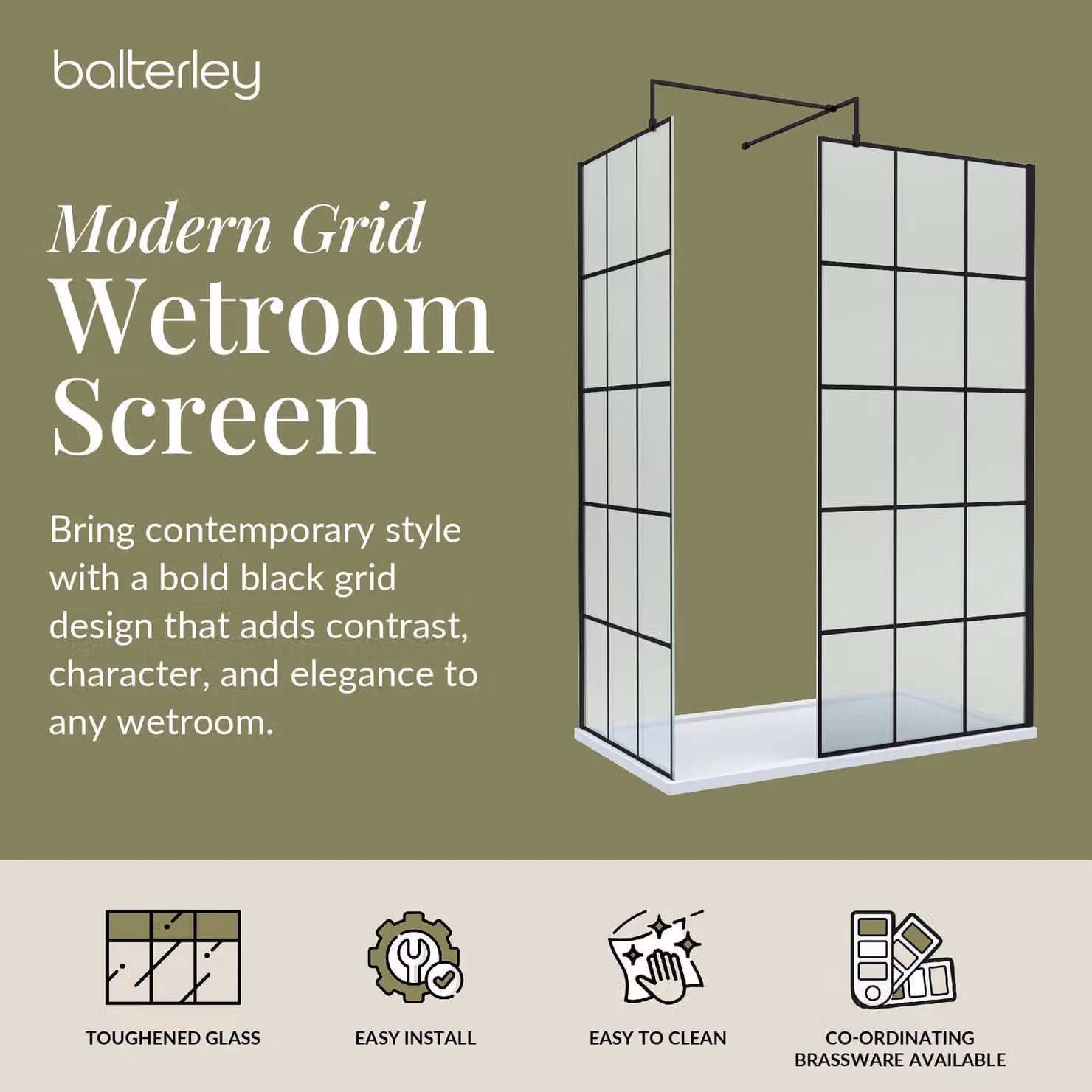 Balterley 8mm Glass Wetroom Screen with Frame Design and Tray, Black, W: 1400 mm, D: 800 mm – 2