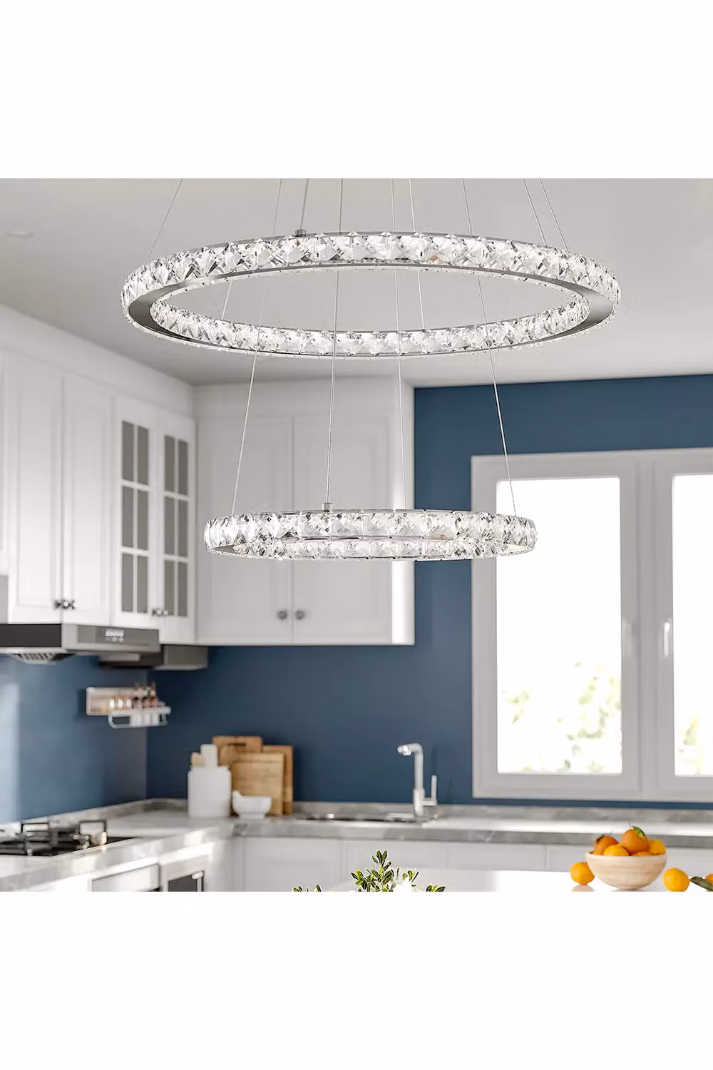 Living and Home Modern 2-Tier Adjustable Crystal LED Pendant Light, Chrome and Transparent, W/D/H: 40 x 40 x 60 cm – 3
