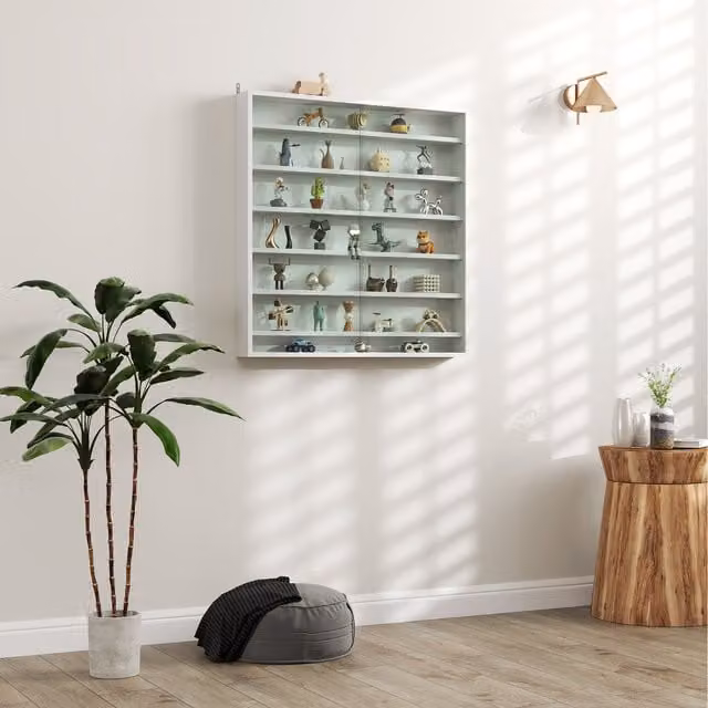 HOMCOM White Wall Mounted Display Shelf Cabinet with Glass Doors and Internal Shelves, Height: 83 cm