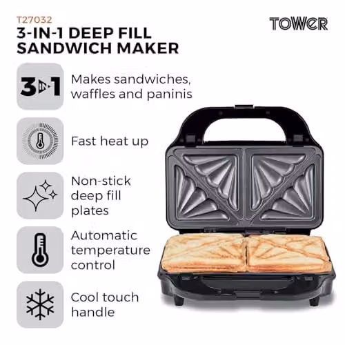 Tower 3-in-1 Snack Maker with Removable Ceramic Non-Stick Plates and Auto Shut-Off, 900W, Silver and Black – 7