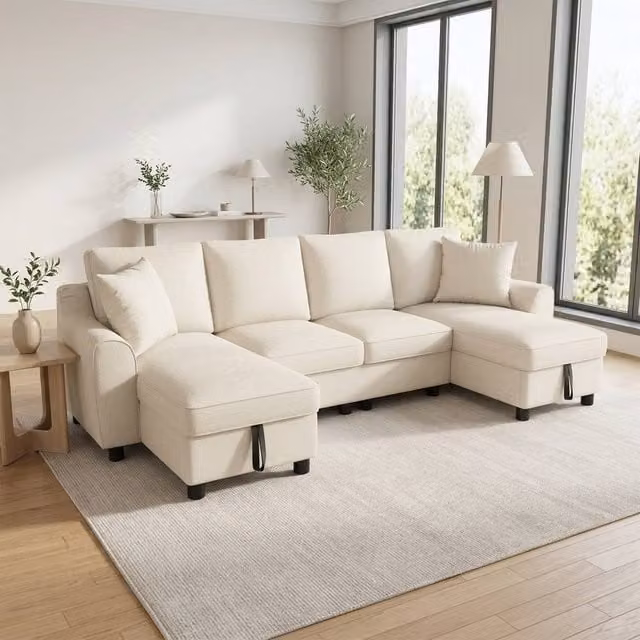 STILVORA U-Shaped Fabric Sofa in Beige with 2 Storage Chaise Lounges – 1