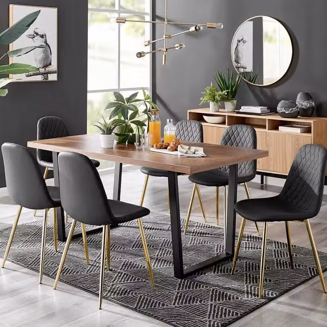 FurnitureboxUK Kylo Brown Wood Effect Rectangular Dining Table and 6 Beige Faux Leather Corona Gold Leg Chairs