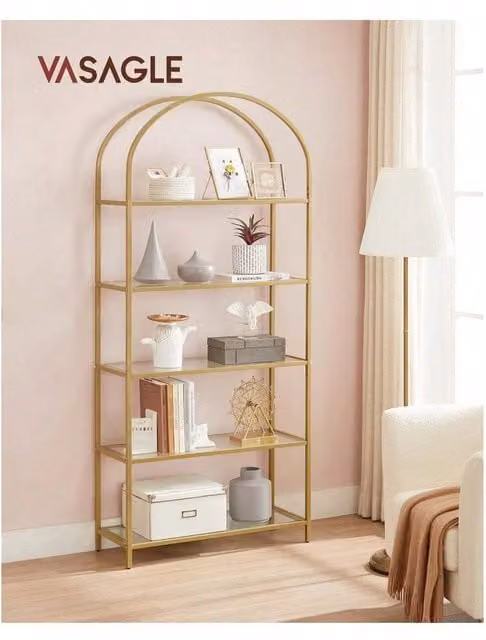 VASAGLE 5 Tier Tempered Glass and Metal Shelf Unit, White, H 183.5 x W 30.2 x D 30.2 cm