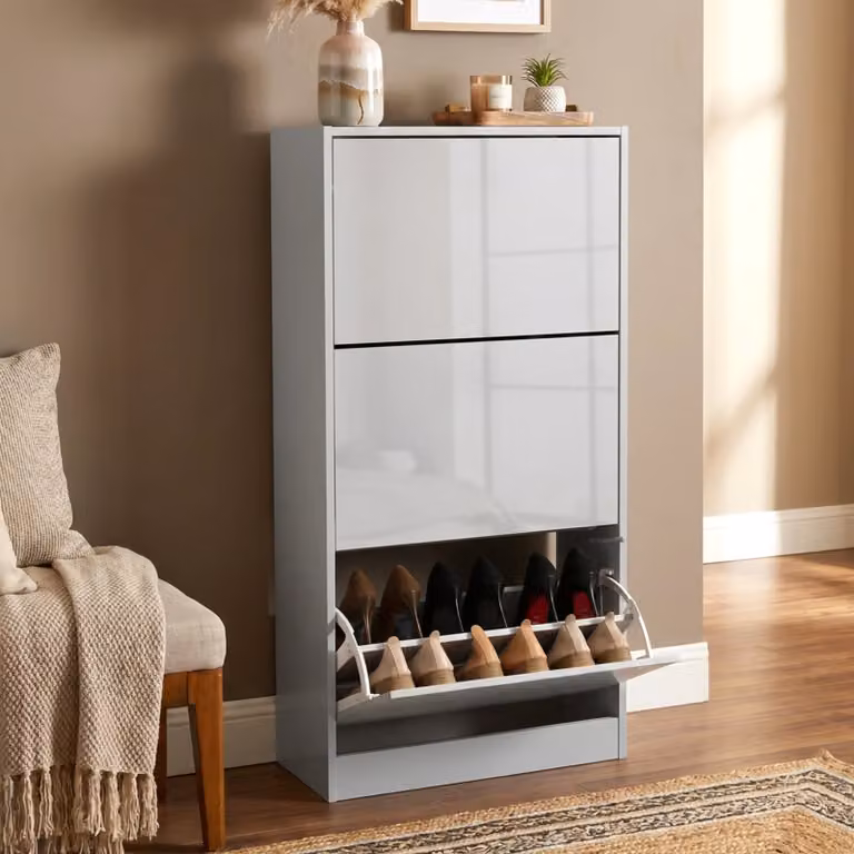High Gloss 3 Door Slim Shoe Cabinet in Silver Grey with Push to Open Tilting Compartments