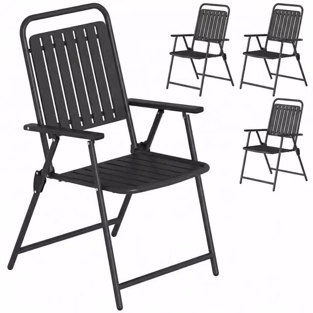 Outsunny Set of 4 Black Folding Garden Dining Chairs with Armrests and Plastic Slatted Seats – 1