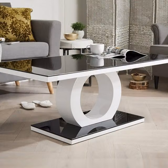 FurnitureboxUK Giovani Rectangular White High Gloss Coffee Table with Glass Top and Black Halo Structural Plinth Base, W: 120 cm, D: 45 cm