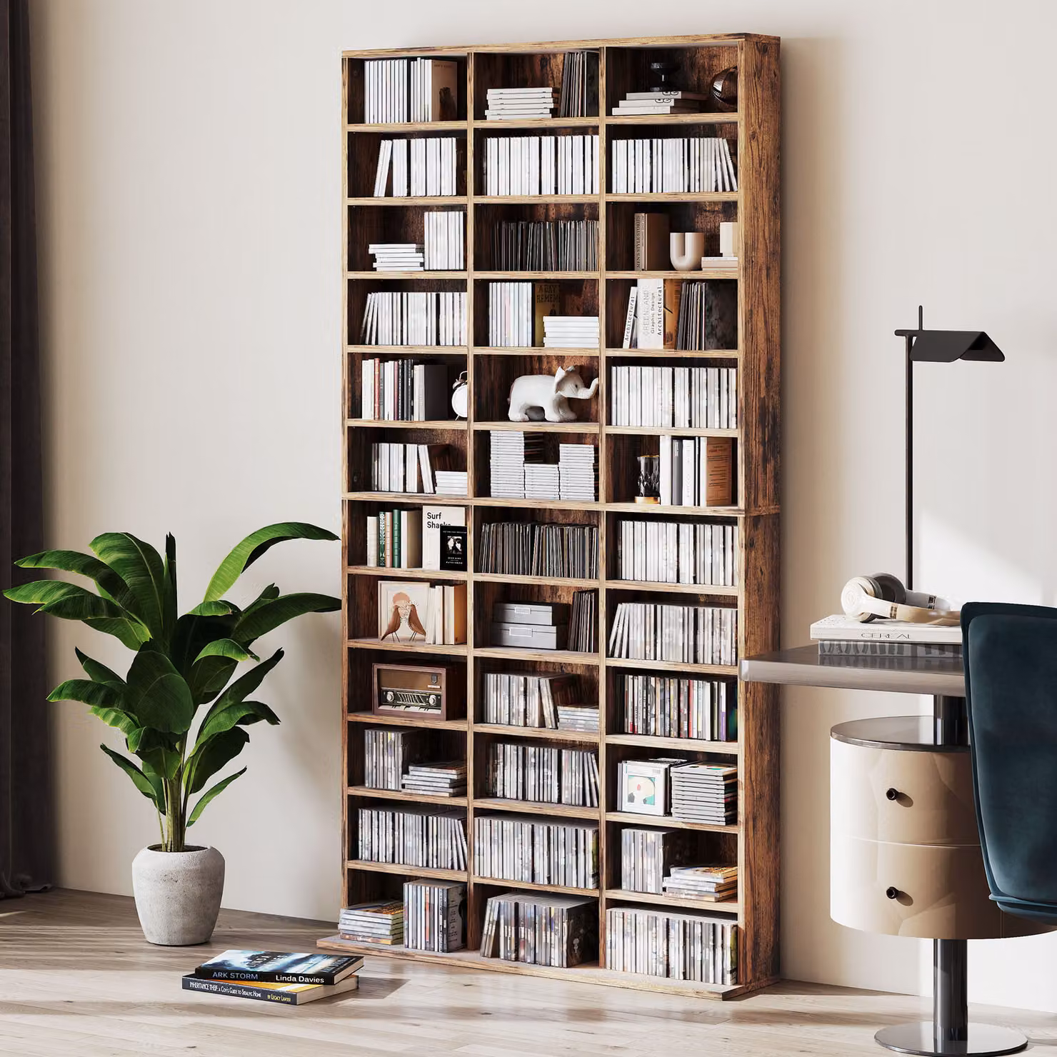 HOMCOM Modern Brown Wood CD Storage Unit with Adjustable Shelves and Media Compartments, W: 102 cm, H: 195 cm – 7