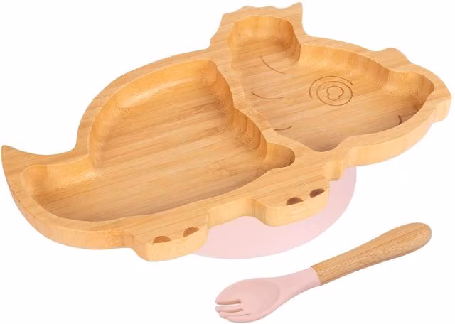 Tiny Dining Dinosaur Divided Bamboo Weaning Plate and Fork Set in Baby Pink