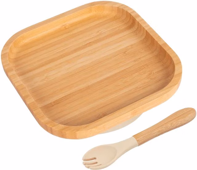Tiny Dining Bamboo Suction Bowl and Fork Set in Beige and Yellow
