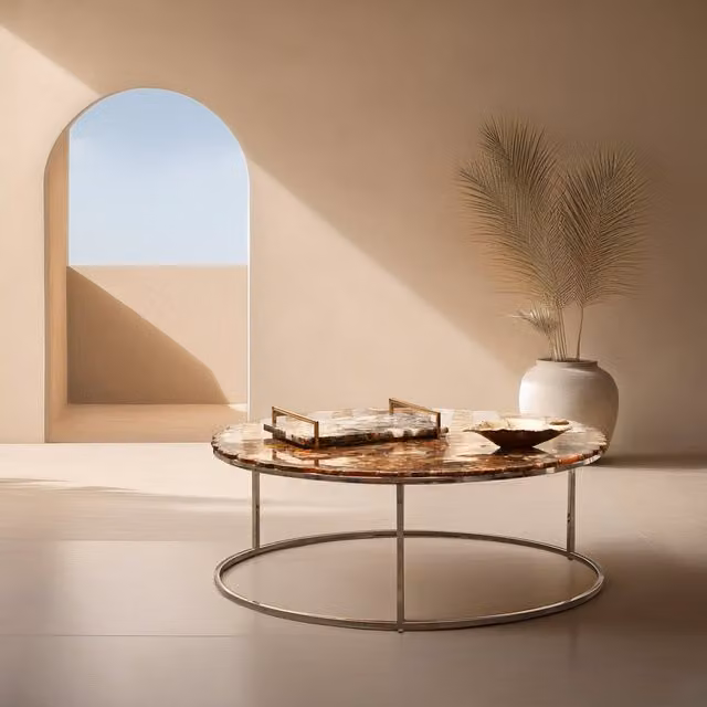 Fifty Five South Relic Agate Top Round Coffee Table in Natural Stone with Silver, Orange and Brown Accents