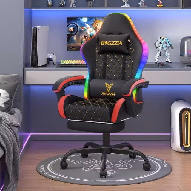 Gartistgo Gaming Chair with RGB Lights and Footrest in Black PU Leather