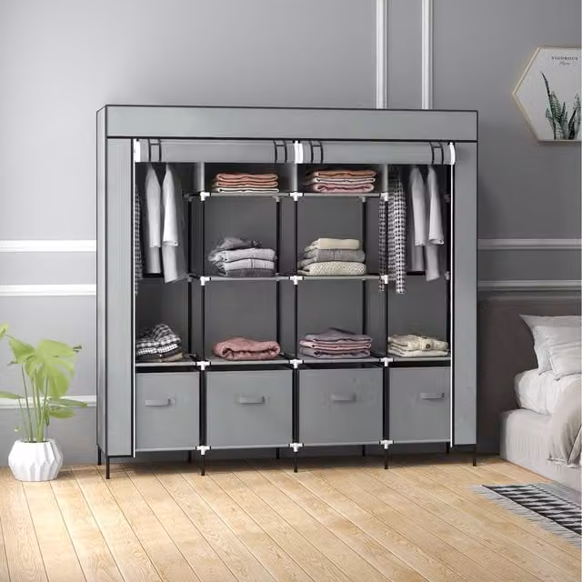 HOMCOM Portable Fabric Wardrobe with Integrated Drawers and Hanging Rod, Grey