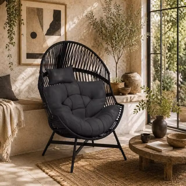 Wyld Haus Rataco Charcoal Grey Oversized Freestanding Egg Chair in PE Rattan – 1