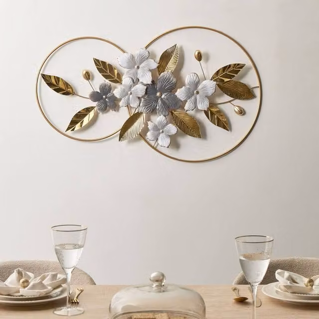 Wyld and Coco Grey and Gold Metal Floral Wall Sculpture with Leaf Design, W: 99 cm, H: 66 cm
