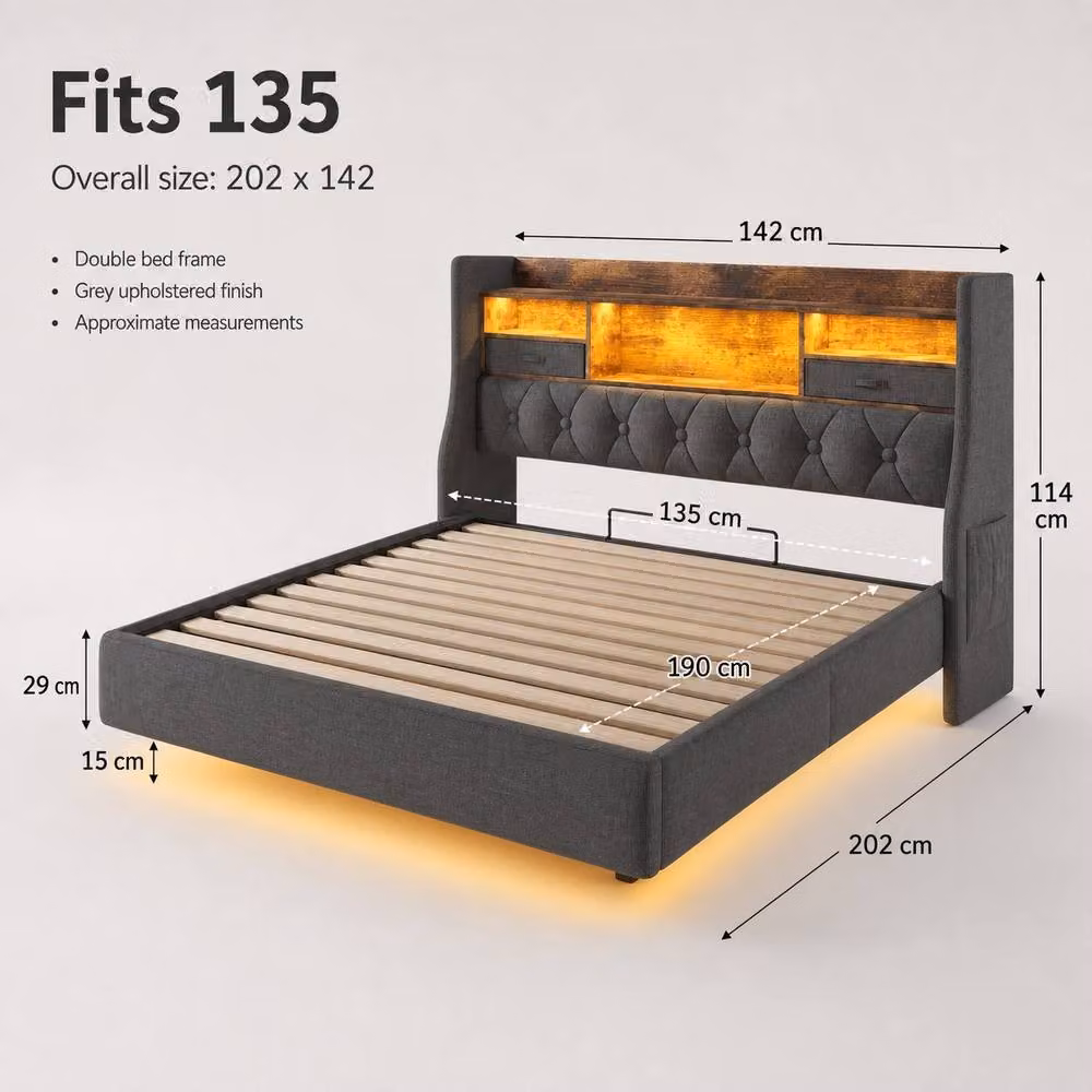 STILVORA Double Bed Frame in Grey with LED Headboard, USB Charging Ports and Storage Compartments, W/D/H: 140 x 200 x 135 cm – 2