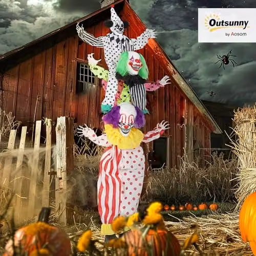 OUTSUNNY Stackable Halloween Animated Clown with Red Light Up Eyes and Sound Activation, Multicolour – 4