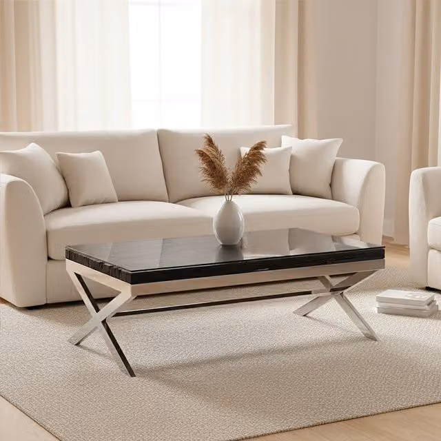 Orsina Rectangular Mango Wood Coffee Table with Glass Top and X-Frame Base in Black and Silver, W/D/H: 130 x 80 x 46 cm