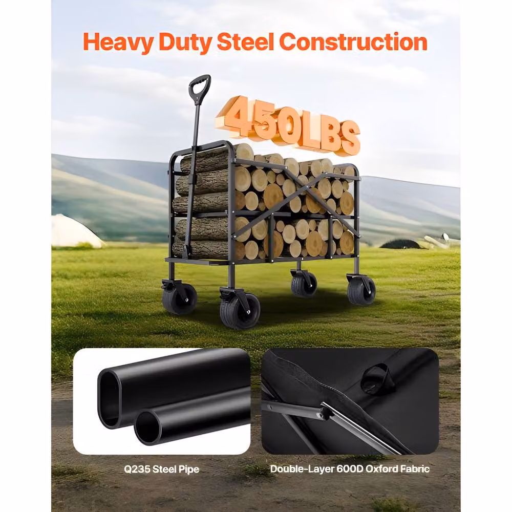 VEVOR Heavy Duty Folding Wagon Cart with All-Terrain Wheels in Black Steel – 8