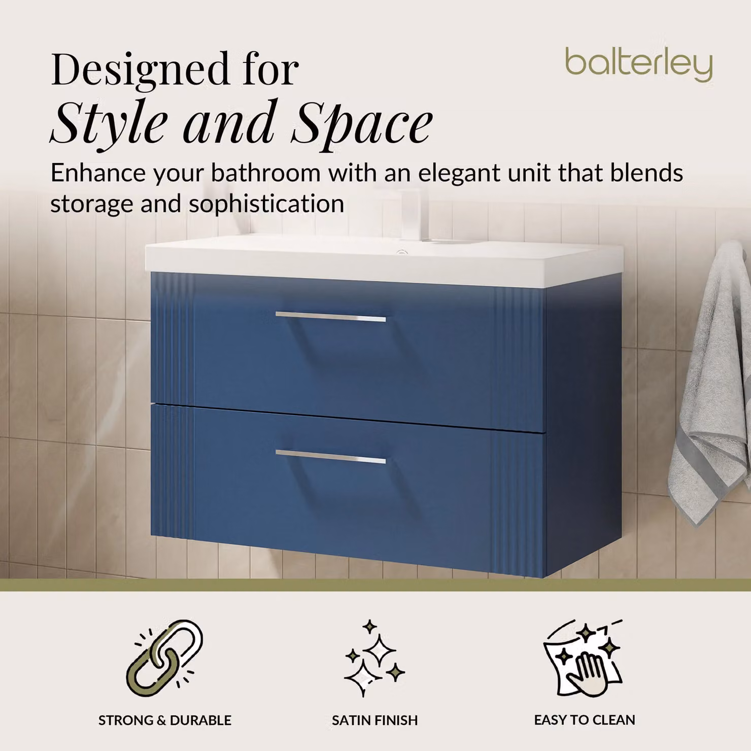 Balterley Wall Hung 2 Drawer Vanity Unit with Thin-Edge Basin, Satin Blue – 2