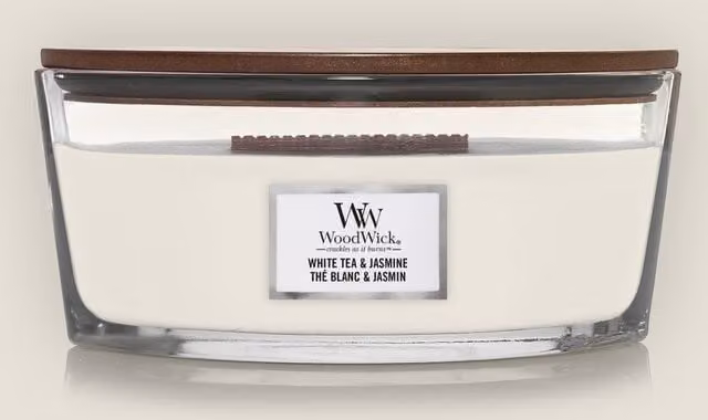 Woodwick White Tea and Jasmine Scented Tabletop Candle in White Glass