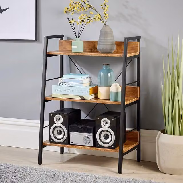 Home Source Urban 3 Tier Low Ladder Bookcase Shelving Unit in Dark Oak