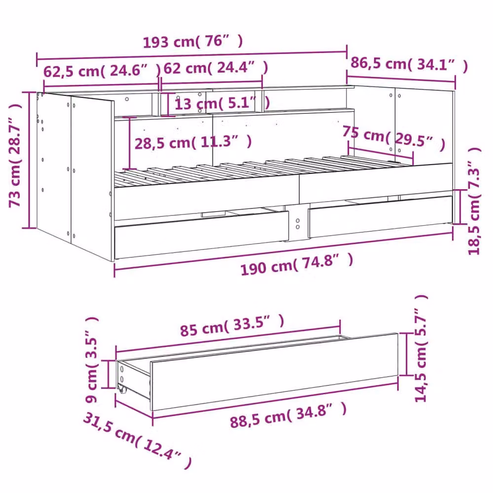 Berkfield Home Smoked Oak Daybed with Drawers in Brown, W/D/H: 190 x 75 x 75 cm – 6