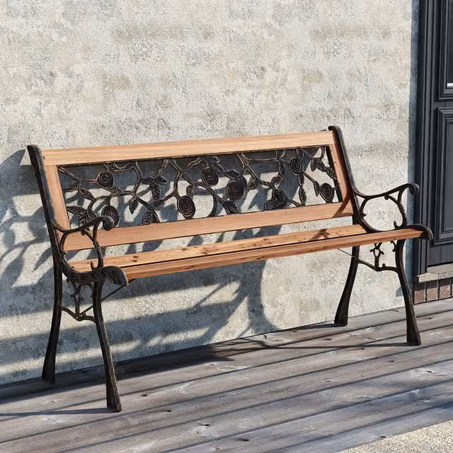 Breeins Classic Metal and Wood Outdoor Garden Bench with Armrests in Brown and Black