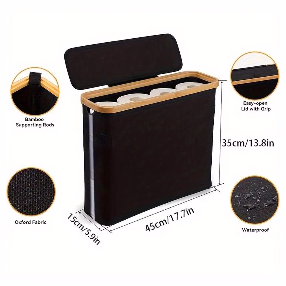 VOGREX Black Waterproof Bamboo Toilet Roll Storage Basket with Lid – 2