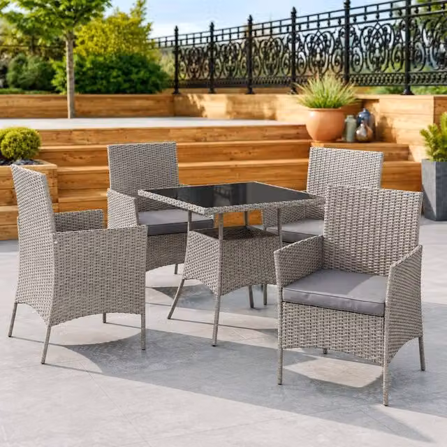 STILVORA 5-Piece Modern Garden Dining Set with Square Tempered Glass Table and Chairs in Grey
