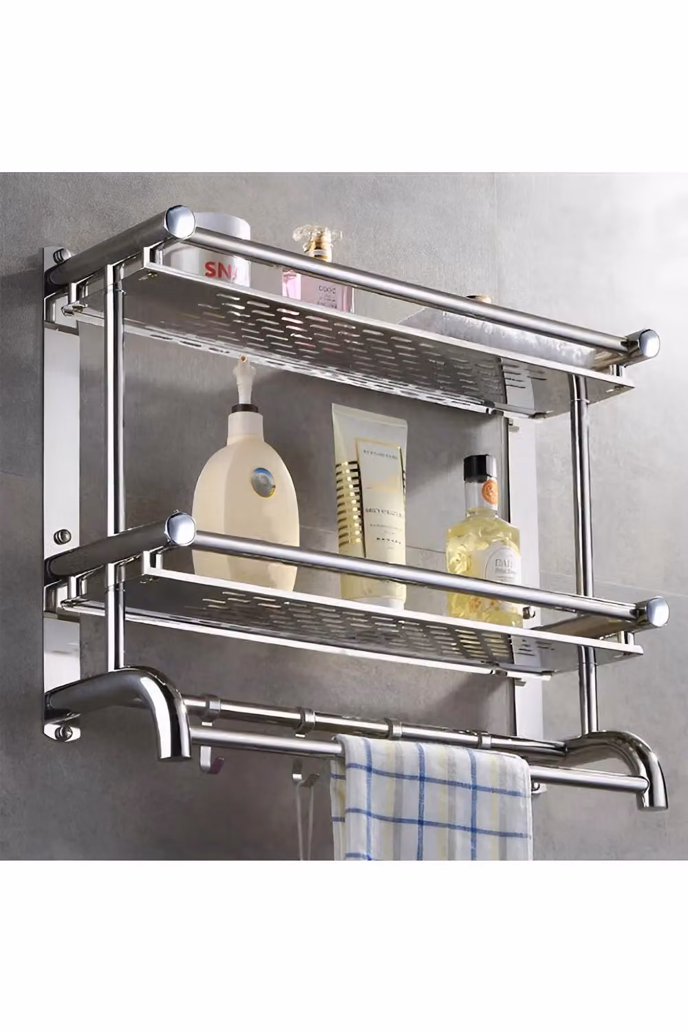 Living and Home 2-Tier Stainless Steel Wall Mounted Bathroom Towel Rack and Storage Shelf in Silver – 3