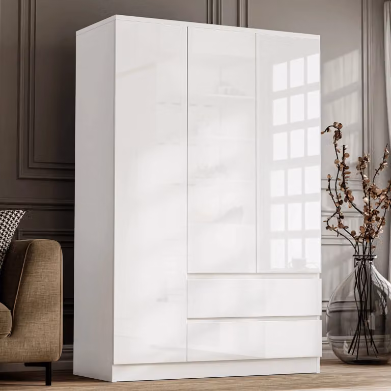 DHS White High Gloss 3 Door Wardrobe with Internal Drawers and Shelves, W/D/H: 120 x 50 x 180 cm