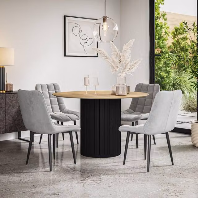 More4Homes Arlo Oak Round Dining Table with Black Legs and 4 Nova Grey Velvet Dining Chairs Set, W: 120 cm, H: 75 cm – 1