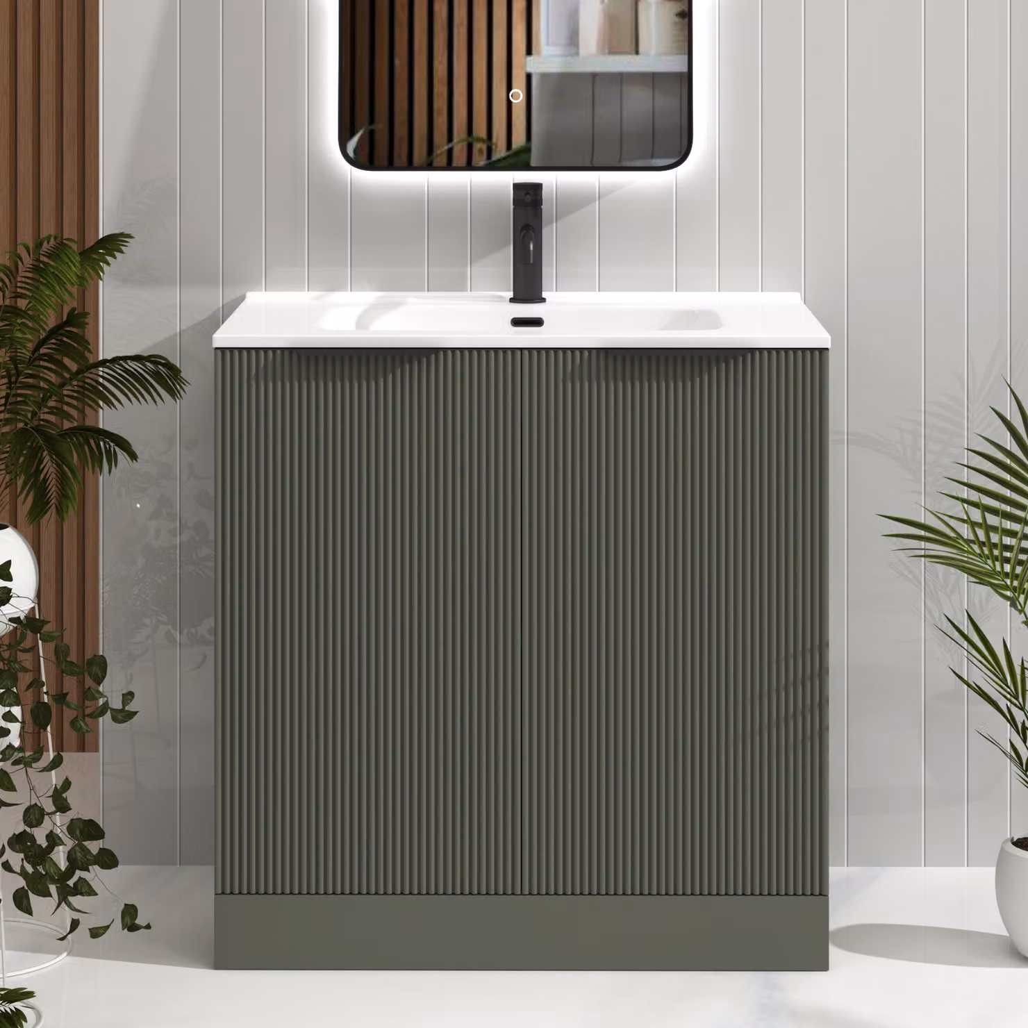 Royal Bathrooms Evora 800mm Sage Green Fluted Floor Standing 2 Door Vanity Unit with Ceramic Basin and Matt Black Handles