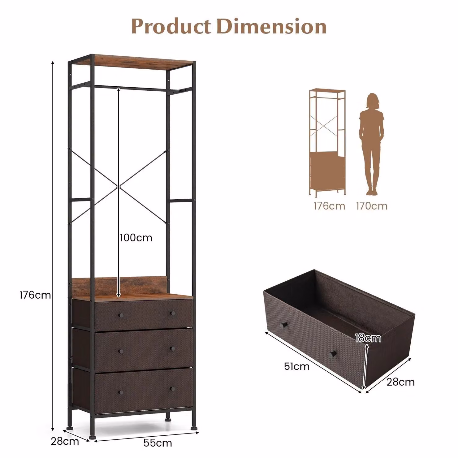 Costway Brown Metal Freestanding Clothes Rack and Industrial Closet Organiser – 2