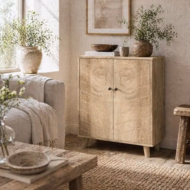 Wyld Haus Elka Dive Chevron Sideboard in Natural Wood Effect with 2 Doors and Angled Legs, Brown and Beige – 1