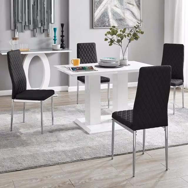 FurnitureboxUK Imperia 4 Modern White High Gloss Rectangular Dining Table and 4 Milan Chairs Set in Black