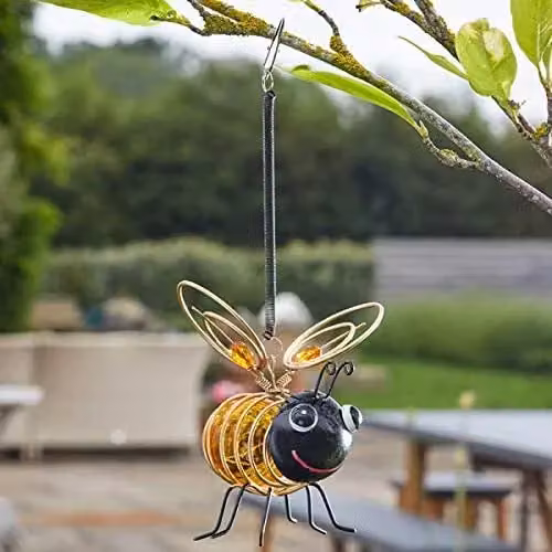 Marco Paul Pack of 3 Yellow Metal Bee Solar Powered LED Garden Ornaments with Dusk Sensor – 3