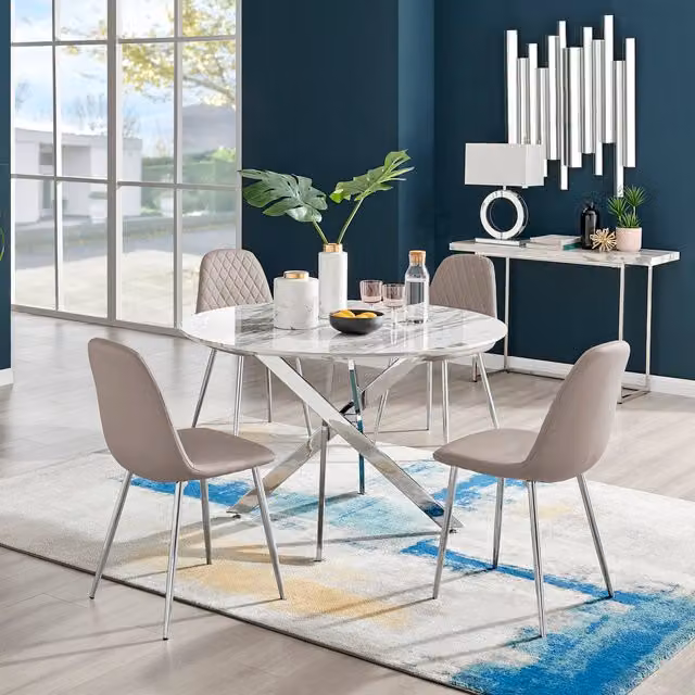 FurnitureboxUK Novara Round White Marble Effect Dining Table and 4 Corona Silver Chairs in Cappuccino, Diameter: 120 cm