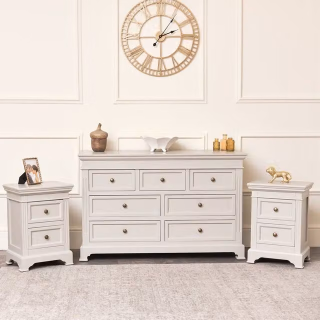 Melody Maison Daventry Taupe-Grey 7 Drawer Chest of Drawers and Pair of Bedside Tables