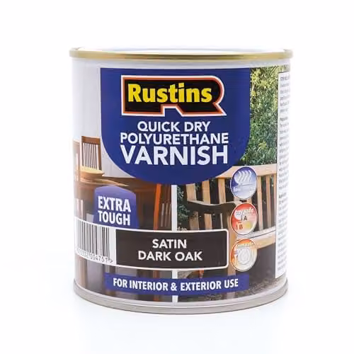 Rustins Quick Dry Polyurethane Varnish Satin Dark Oak 500ml, Water-Based Brown Wood Finish