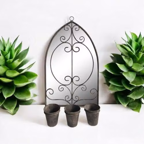 Minster Rusty Wall Mirror with Triple Planter in Grey, Metal, W: 45 cm, D: 15 cm, H: 73 cm