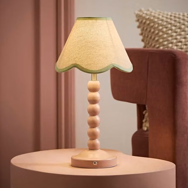 ValueLights Bobbin Scallop Trim Pink and Green Rechargeable Portable Ceramic Table Lamp