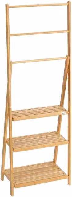 KORVIXA Freestanding Foldable Bamboo Ladder Towel Rack with Shelf in Natural