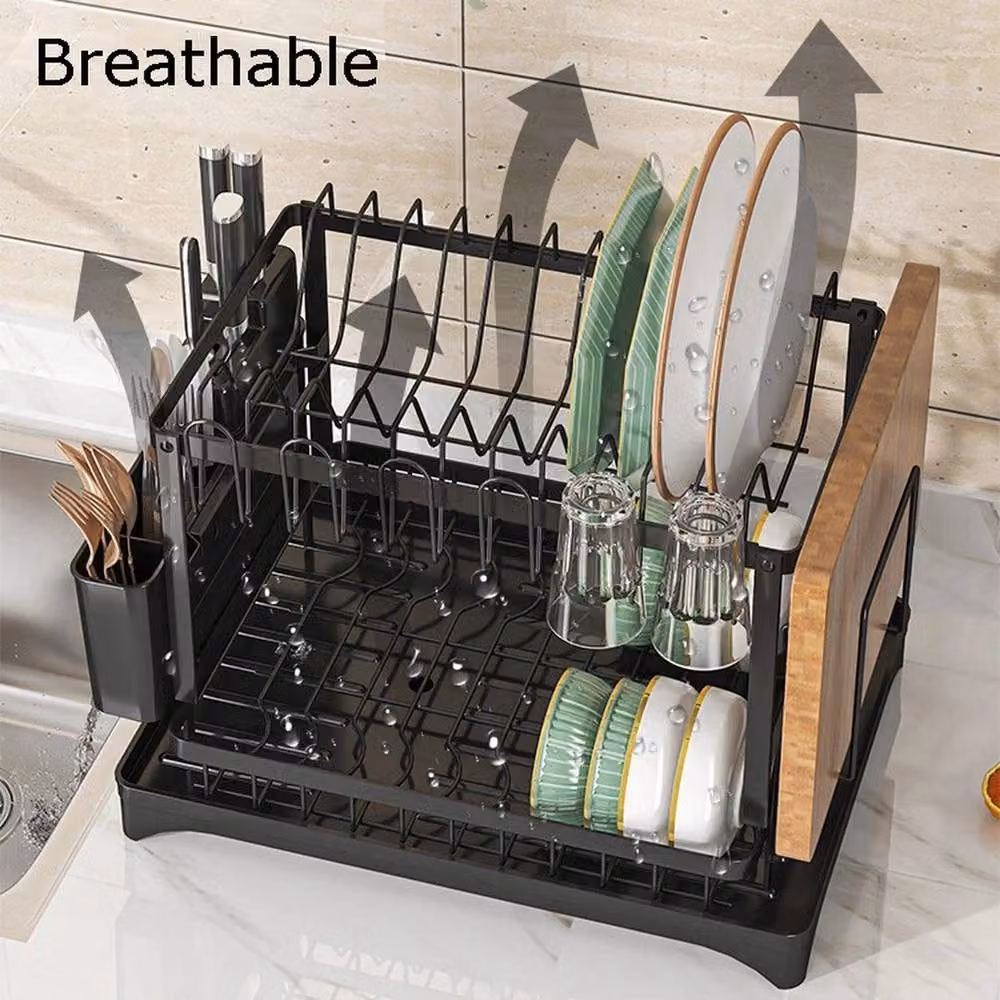 Kelvenix 2 Tier Black Metal Dish Drainer Rack with Cutlery Holder – 3