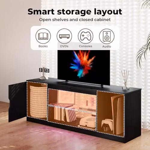 Levede Modern Black LED TV Stand with Glass Shelves and Remote Control, W: 145 cm, H: 52.5 cm, D: 40 cm – 4