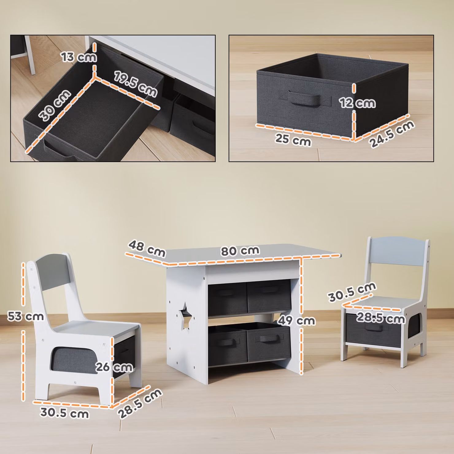 AIYAPLAY Kids Table and 2 Chairs Set with 6 Removable Drawers, Light Grey – 2
