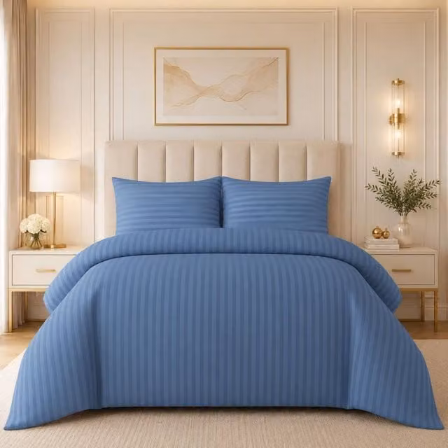 Grace Embossed Satin Stripe Microfibre Duvet Cover Set in Blue, King Size (W: 180 cm x L: 200 cm)