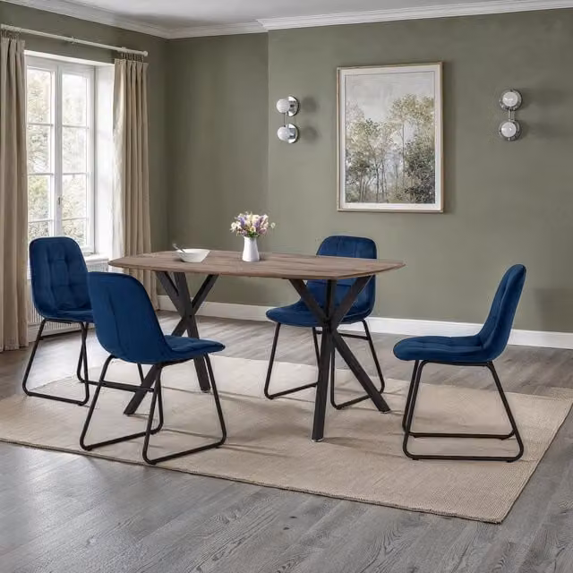 Seconique Athens Rectangular Dining Set with 4 Chairs in Oak and Blue – 1