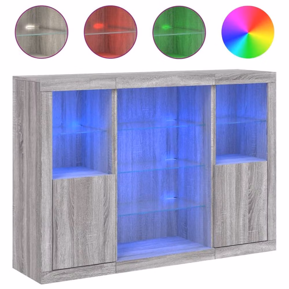 Berkfield Home 3-Piece Modern Sideboard Set in Grey Sonoma with Integrated LED Lighting and Glass Details – 3