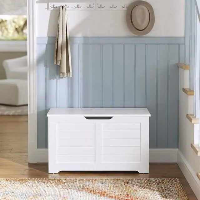 VASAGLE Rustic White Storage Chest and Blanket Box Bench with Safety Hinges